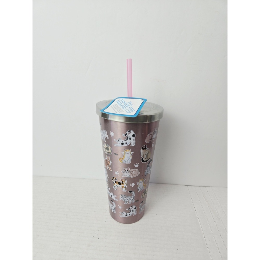Spoontiques tumbler 24oz stainless‎ steel insulated cup NWT cats pink